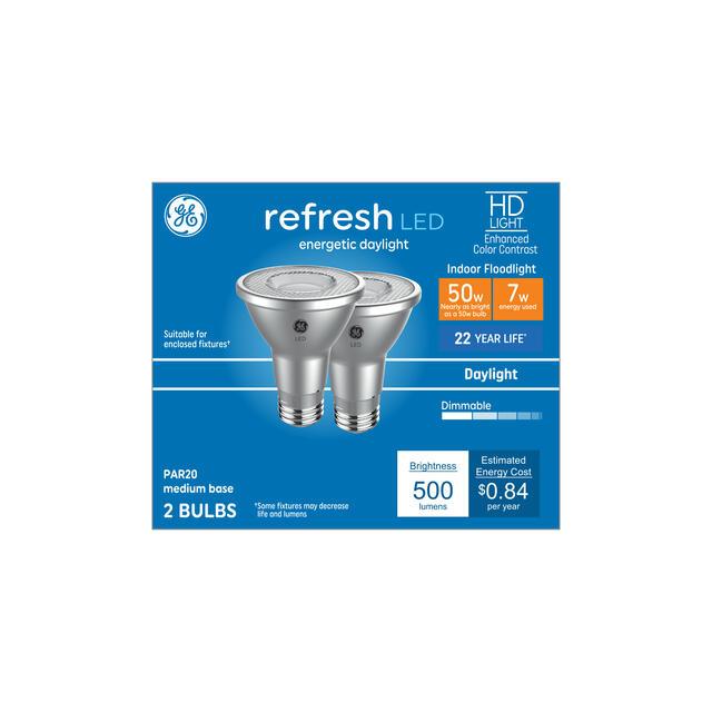 GE Refresh HD LED 50 Watt Replacement, Daylight, PAR20 Indoor Floodlight Bulbs (2 Pack)