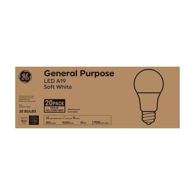 GE Classic LED 60 Watt Replacement, Soft White, A19 Bulbs (20 Pack), Brown Box