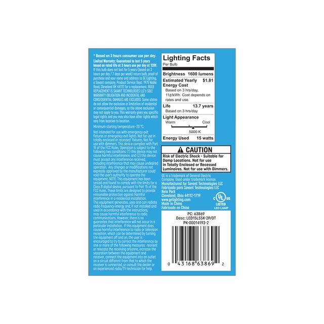 GE Classic LED 100 Watt Replacement, Daylight, A14 General Purpose Bulbs (2 Pack)