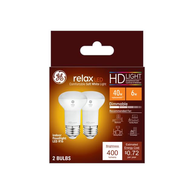 GE Relax HD LED 40 Watt Replacement, Soft White, R16 Indoor Floodlight Bulbs (2 Pack)