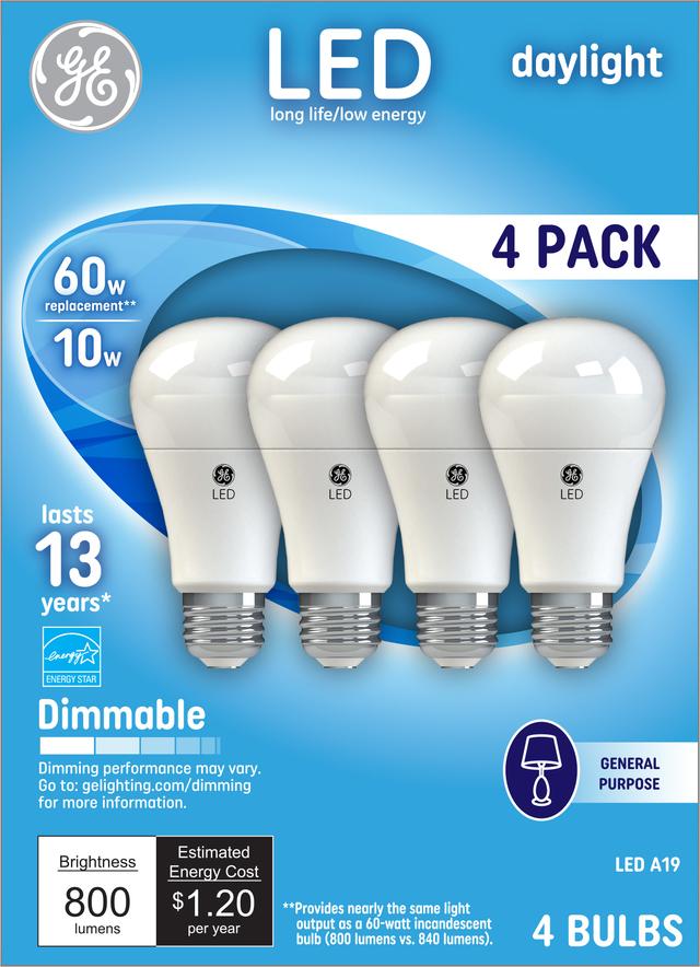 Emballage avant de GE Daylight LED 60 W Replacement General Purpose A19 Light Bulb (4-Pack)