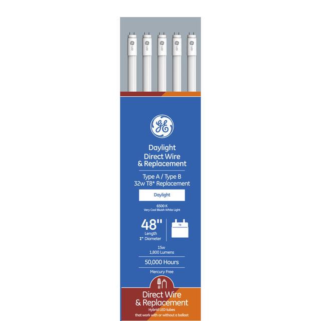 GE LED Hybrid Daylight 15 Watt 47.78 Inches T8 G13 Base LED Tube 10 Pack