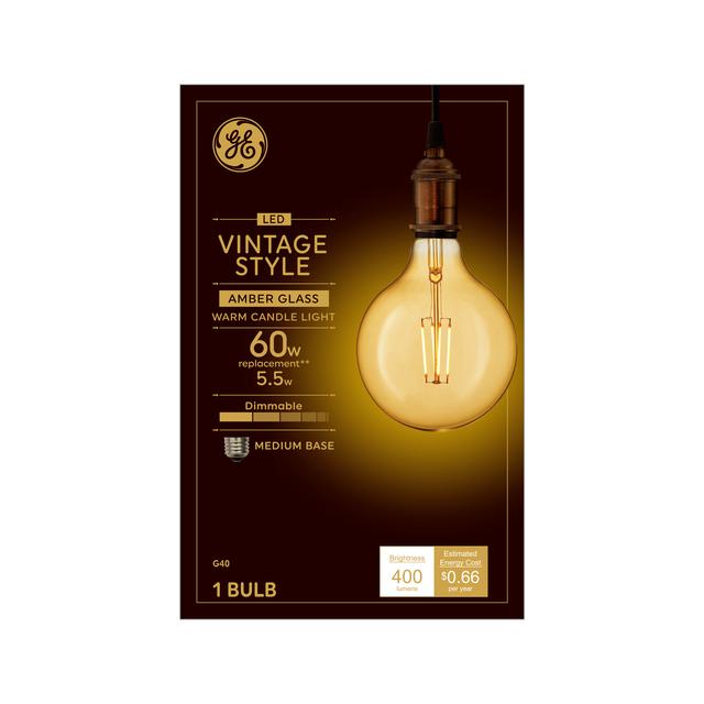 GE Vintage LED 60 Watt Replacement, Candlelight, G40 Deco - Globe Bulb (1 Pack)