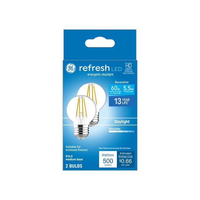 GE Refresh HD LED 60 Watt Replacement, Daylight, G16.5 Vanity - Globe Bulbs (2 Pack)