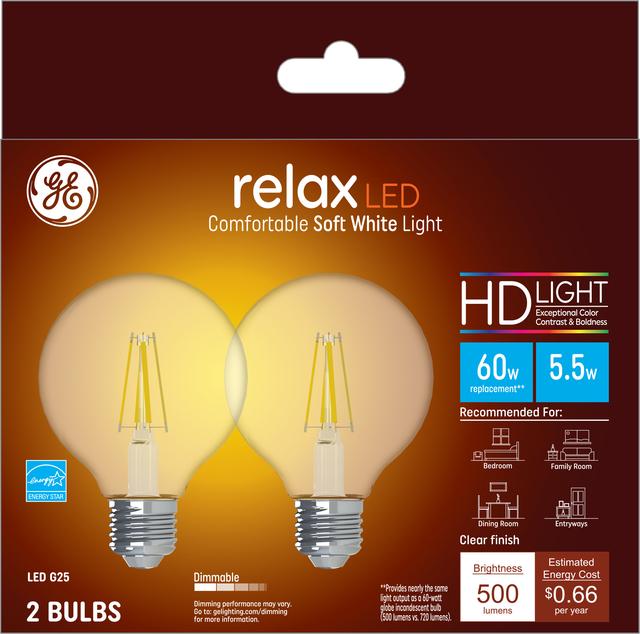 Front package of GE Relax HD Soft White 60W Replacement LED Light Bulbs Decorative Clear Globe Medium Base G25 (2-Pack)