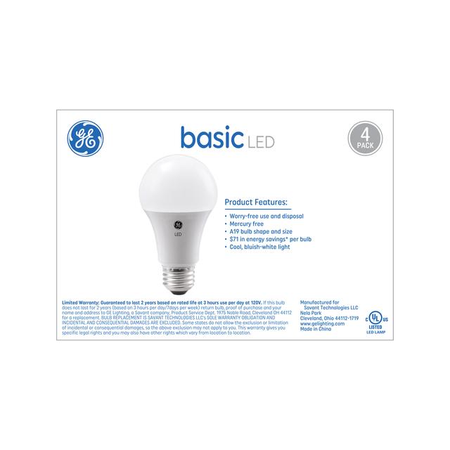 GE Basic LED 100 Watt Replacement, Daylight, A19 General Purpose Bulbs (4 Pack)