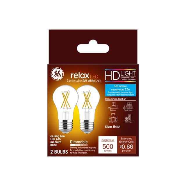 GE Relax HD LED 60 Watt Replacement, Soft White, A15 Ceiling Fan Bulbs (2 Pack)