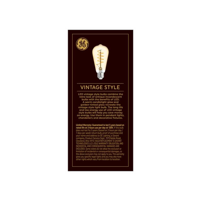 Back package of GE Vintage Warm Candlelight 60W Replacement LED Amber Finish Spiral Filament Decorative ST19 Light Bulb (1-Pack)