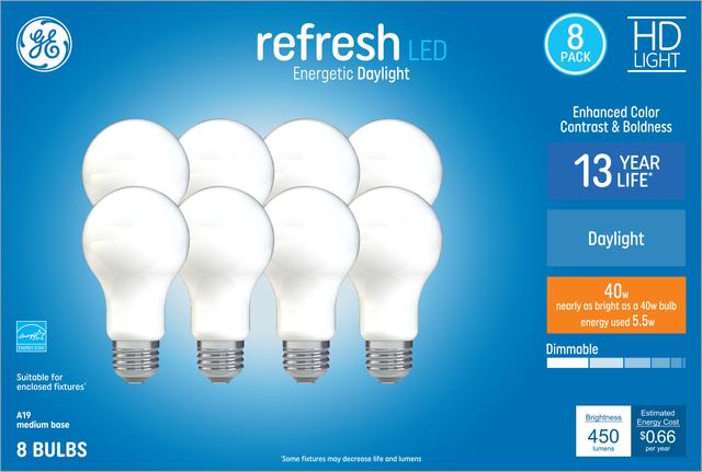 Front package of GE Refresh HD Daylight 40W Replacement LED Light Bulbs General Purpose A19