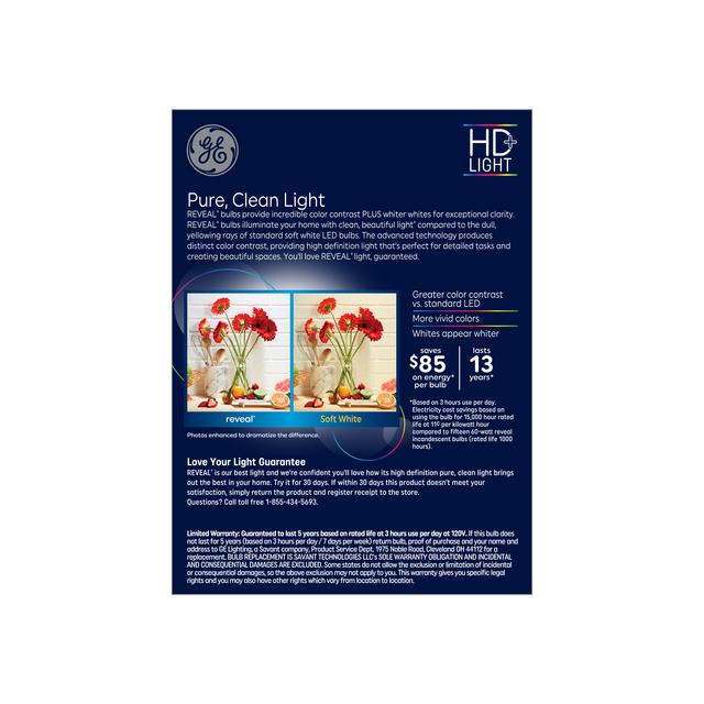 Back package of GE Lighting Reveal HD+ 60W Replacement LED A19 Light Bulbs (4-Pack)