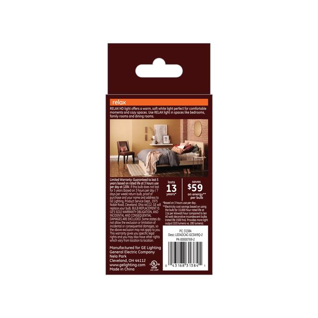 GE Relax HD LED 40 Watt Replacement, Soft White, CA11 Deco - Candle Bulbs (2 Pack)