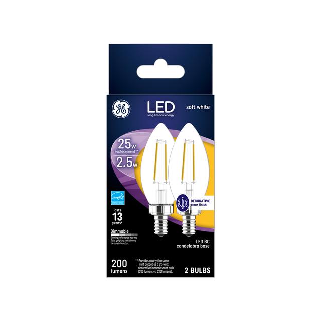 GE Classic LED 25 Watt Replacement, Soft White, B11 Deco - Candle Bulbs (2 Pack)