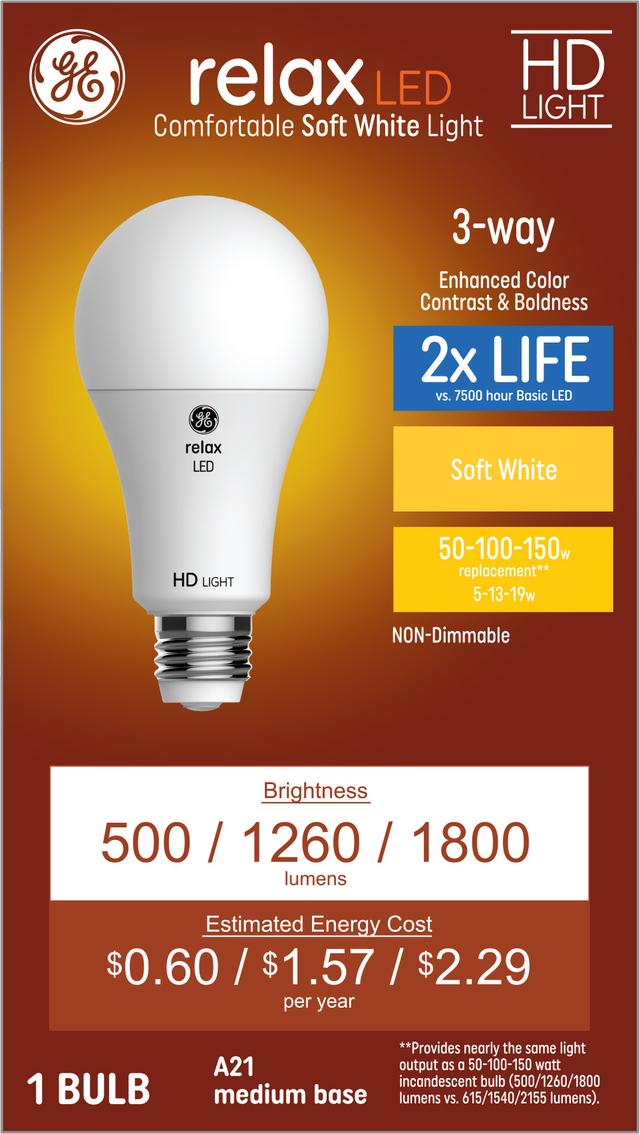 GE Relax HD LED 150/100/50 Watt Replacement, Soft White, A21 3-Way Bulb (1 Pack)