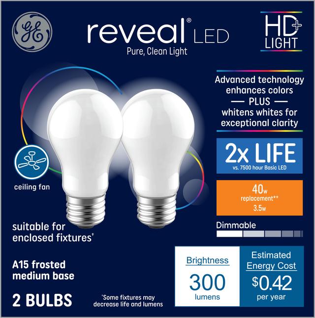 GE Reveal HD+ LED 40 Watt Replacement, Reveal, A15 Ceiling Fan Bulbs (2 Pack)