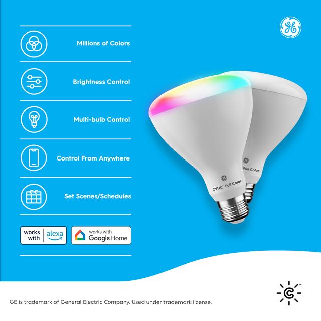 Back package of GE CYNC Direct Connect Flood Light Bulb, Full Color, BR30 LED Smart Indoor Flood Light Bulb with Wireless Control, 65W Replacement, Alexa and Google Home Compatible, No Hub Required, 1-Pack (Packaging May Vary)