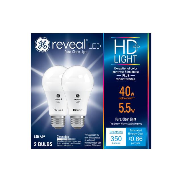GE Reveal HD+ LED 40 Watt Replacement, Reveal, A19 General Purpose Bulbs (2 Pack)
