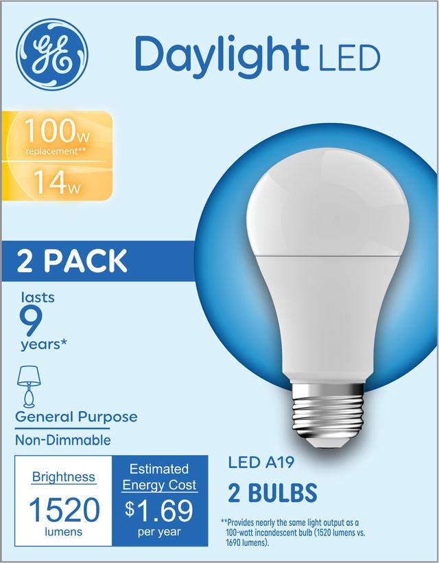 GE Basic LED 100 Watt Replacement, Daylight, A19 General Purpose Bulbs (2 Pack)