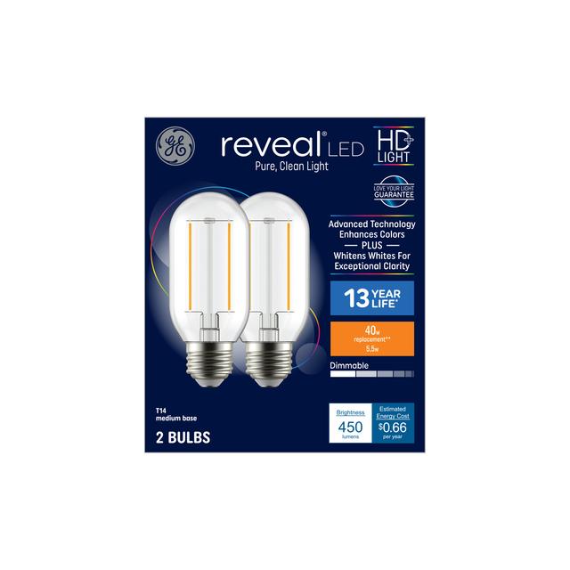 GE Reveal HD+ LED 40 Watt Replacement, Reveal, T14 Deco - Tubular Bulbs (2 Pack)