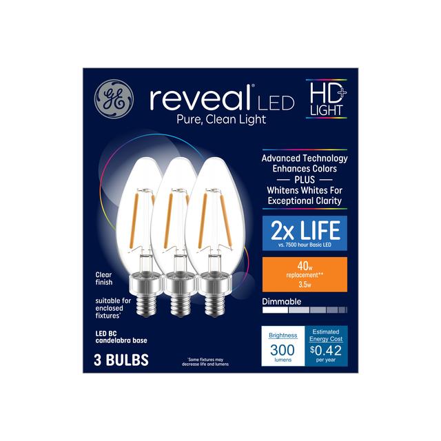 GE Reveal HD+ LED 40 Watt Replacement, Reveal, B11 Deco - Candle Bulbs (3 Pack)