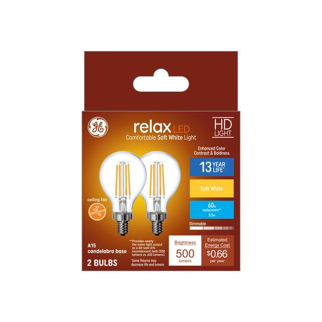 GE Relax HD LED 60 Watt Replacement, Soft White, A15 Ceiling Fan Bulbs (2 Pack)