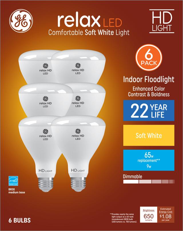 GE Relax HD LED 65 Watt Replacement, Soft White, BR30 Indoor Floodlight Bulbs (6 Pack)
