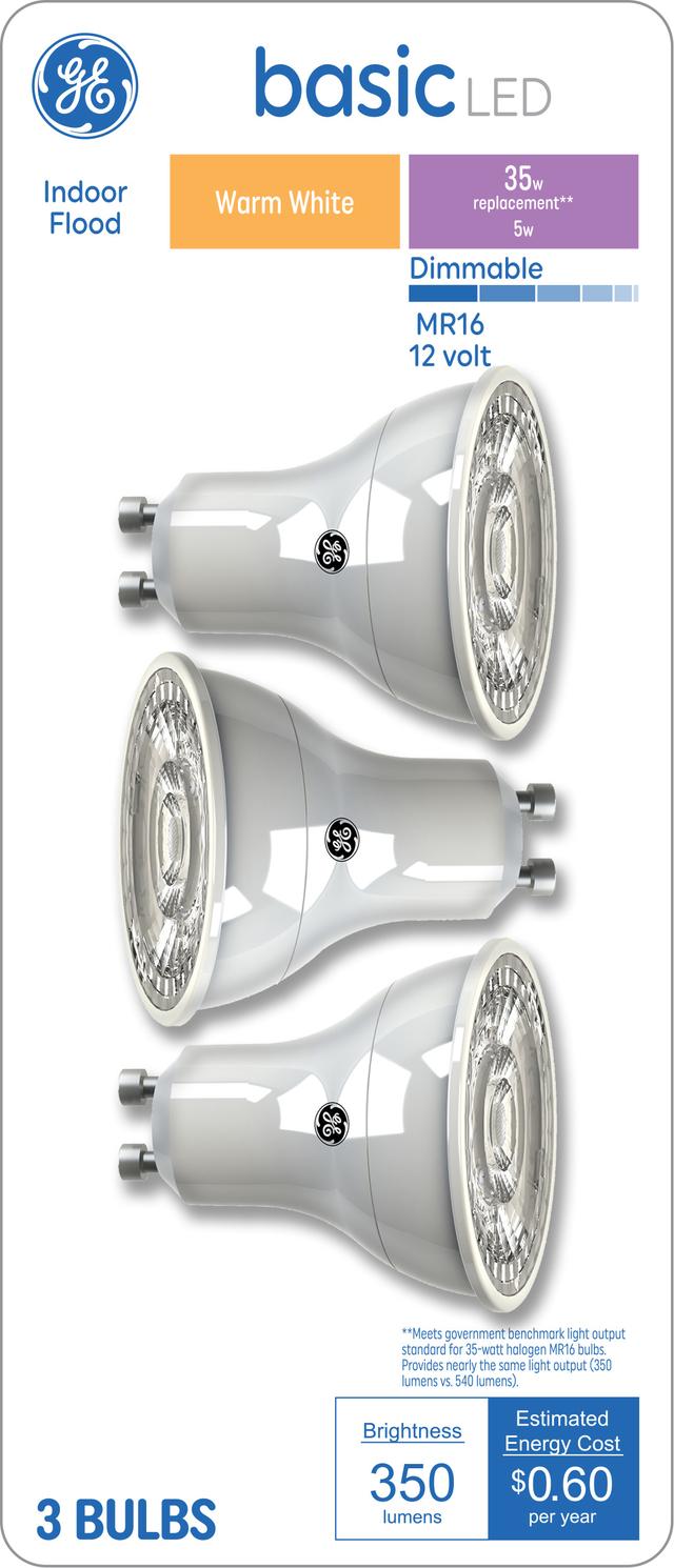 GE Basic LED 35 Watt Replacement, Warm White, MR16 Indoor Floodlight Bulbs (3 Pack)