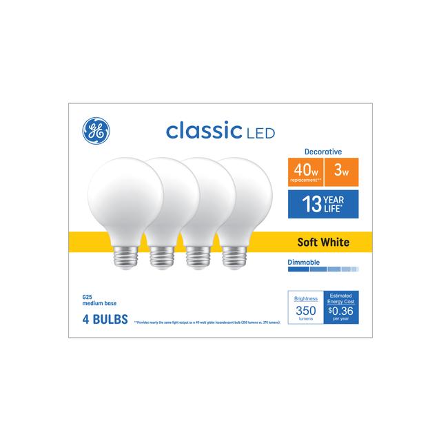 GE Classic LED 40 Watt Replacement, Soft White, G25 Deco - Globe Bulbs (4 Pack)