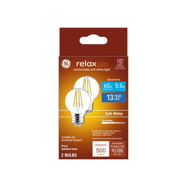 GE Relax HD LED 60 Watt Replacement, Soft White, G16.5 Deco - Globe Bulbs (2 Pack)