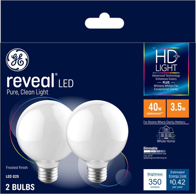 GE Reveal HD+ LED 40 Watt Replacement, Reveal, G25 Vanity - Globe Bulbs (2 Pack)