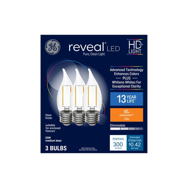 GE Reveal HD+ LED 40 Watt Replacement, Reveal, CA11 Deco - Candle Bulbs (3 Pack)