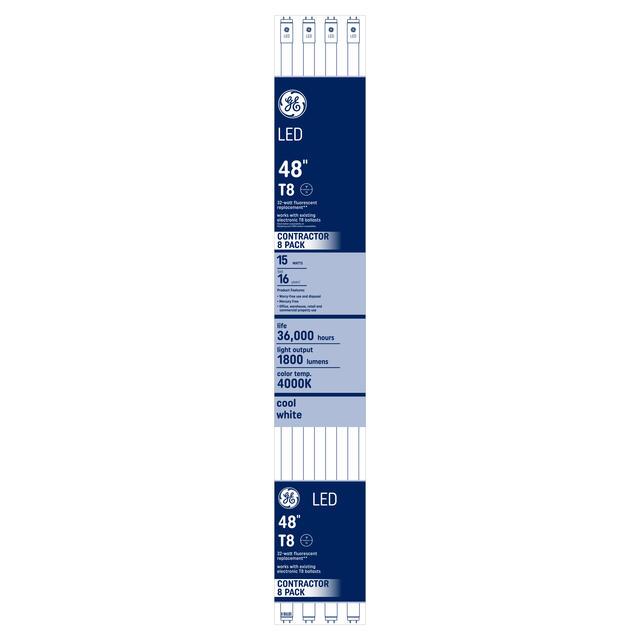 GE LED Replacement Cool White 15 Watt 47.78 Inches T8 G13 Base LED Tube 8 Pack