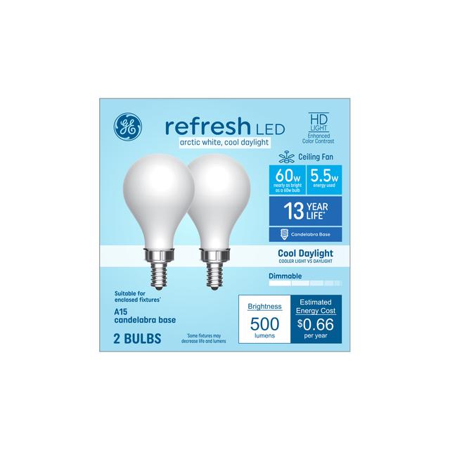 GE Refresh HD LED 60 Watt Replacement, Cool Daylight, A15 Ceiling Fan Bulbs (2 Pack)