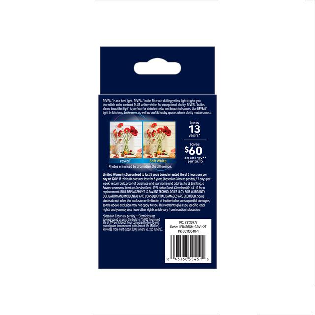 GE Reveal HD+ LED 40 Watt Replacement, Reveal, G16.5 Vanity - Globe Bulbs (2 Pack)