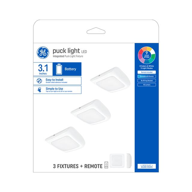 GE Battery-Powered Puck Lights LED Color-Changing 3.1in Fixtures with Remote (3-Pack)