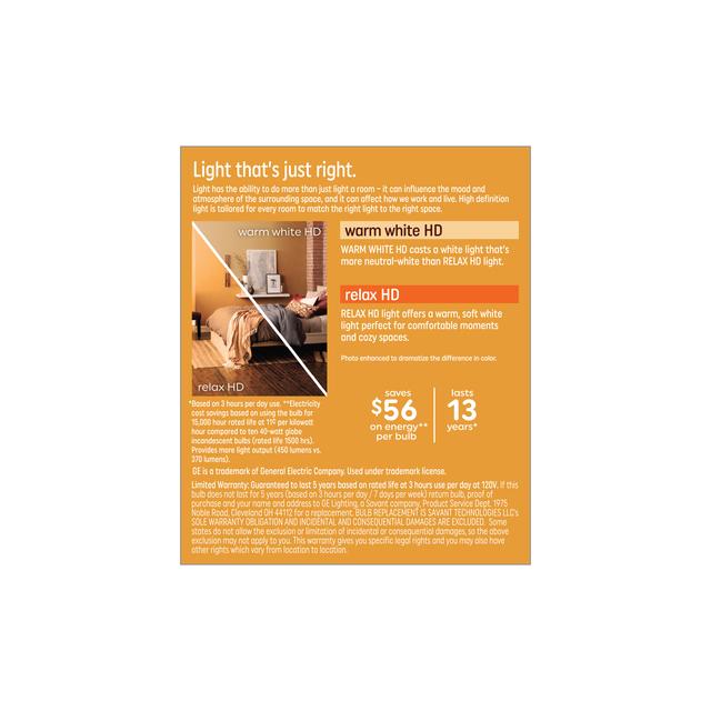 GE Relax HD LED 40 Watt Replacement, Warm White, T14 Deco - Tubular Bulbs (2 Pack)