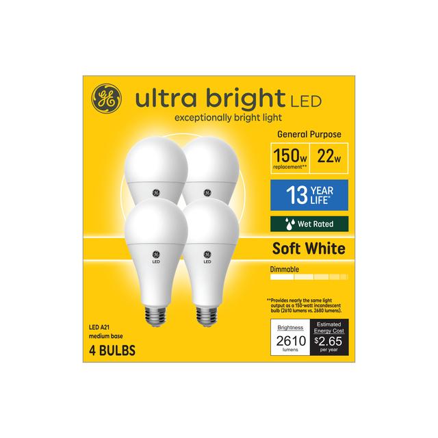 GE Ultra Bright LED 150 Watt Replacement, Soft White, A21 General Purpose Bulbs (4 Pack)