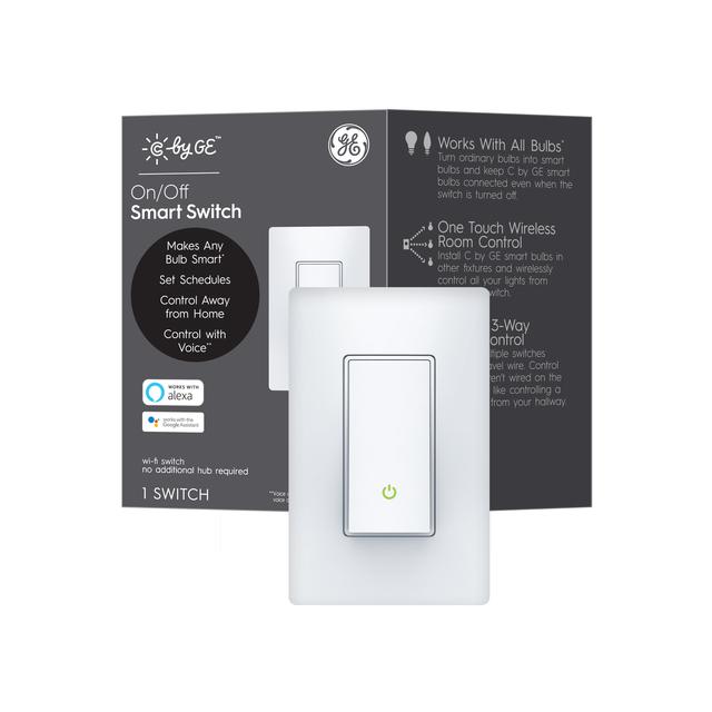 Front package of GE C by GE Smart Switch, Neutral Wire Required, On-Off Paddle Style with Bluetooth and 2.4 GHz  WiFi, Alexa and Google Home Compatible without a Hub (Packaging May Vary)