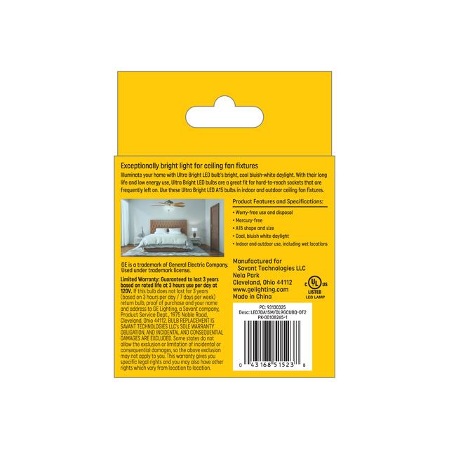 GE Ultra Bright LED 75 Watt Replacement, Daylight, A15 Ceiling Fan Bulbs (2 Pack)