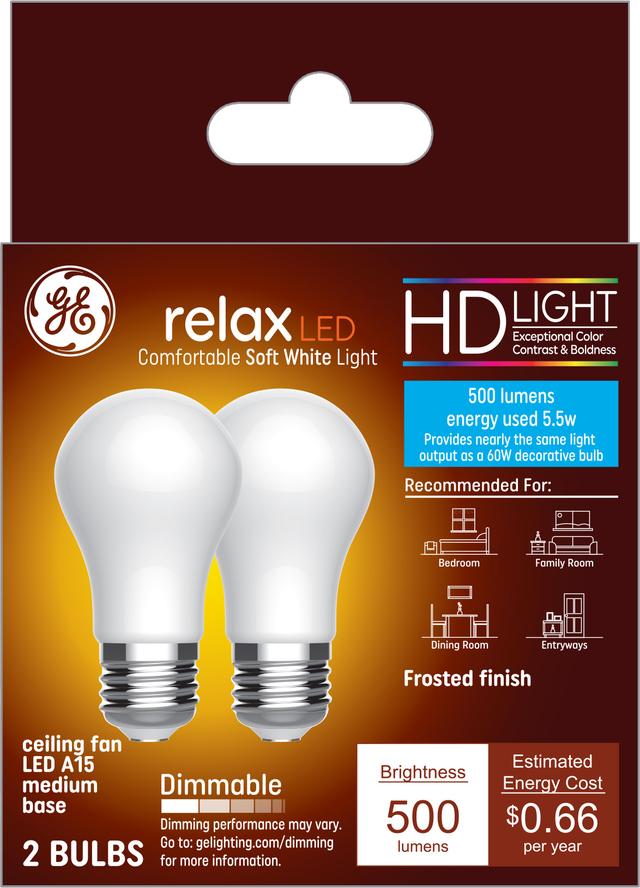 Emballage avant de GE Relax HD Soft 60 White W Ampoules LED de remplacement Ventilateur de plafond Base moyenne Blanc A15 (2-Pack)
