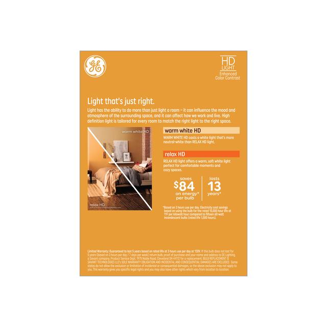 GE Relax HD LED 60 Watt Replacement, Warm White, A19 General Purpose Bulbs (4 Pack)