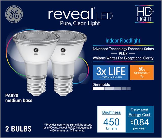Front package of GE Reveal HD+ Color-Enhancing 50W Replacement LED Light Bulb Indoor Floodlight PAR20