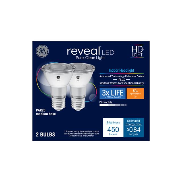 GE Reveal HD+ LED 50 Watt Replacement, Reveal, PAR20 Indoor Floodlight Bulbs (2 Pack)