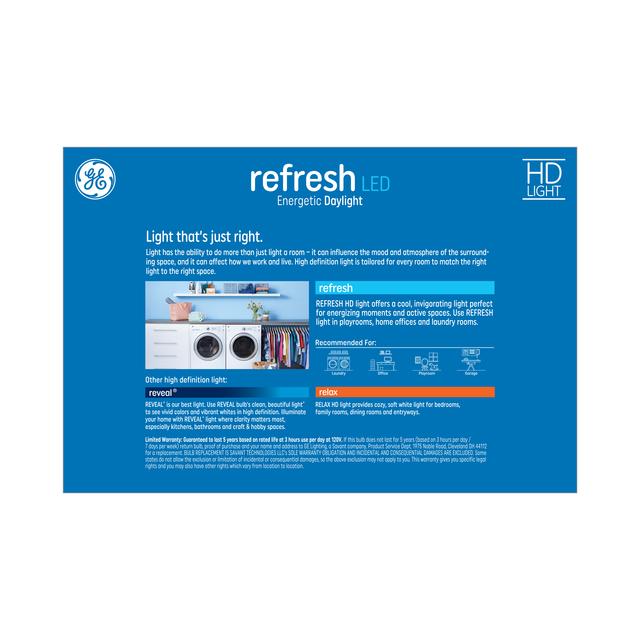 Back package of GE Refresh HD Daylight 40W Replacement LED Light Bulbs General Purpose A19