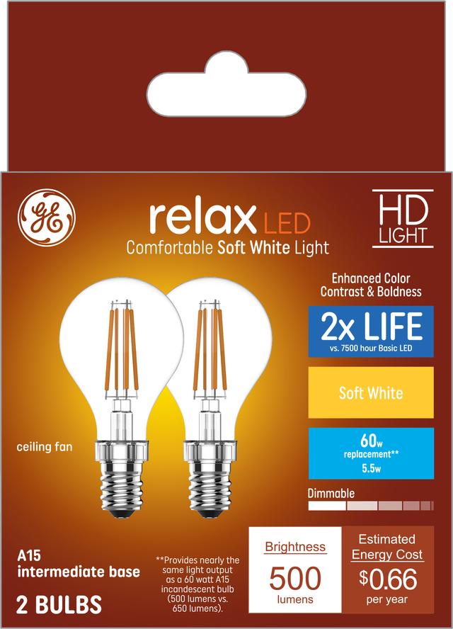 GE Relax HD LED 60 Watt Replacement, Soft White, A15 Ceiling Fan Bulbs (2 Pack)