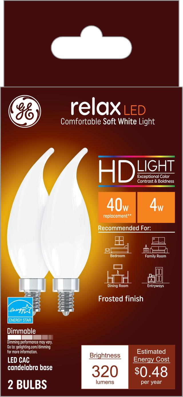 Front package of GE Relax HD Soft White 40W Replacement LED Light Bulbs Decorative Bent Tip Candelabra Base CAC  (2-Pack)