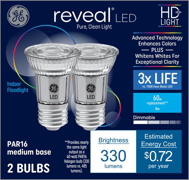 GE Reveal HD+ LED 60 Watt Replacement, Reveal, PAR16 Indoor Floodlight Bulbs (2 Pack)