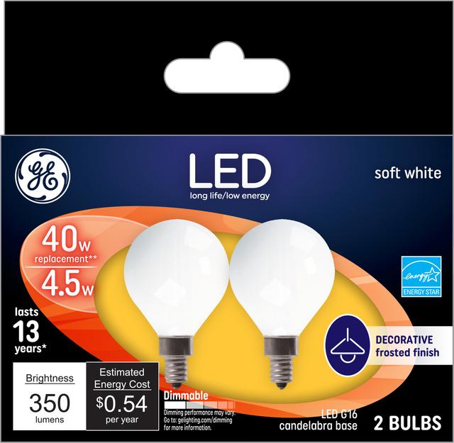 Front package of GE Soft White 40W Replacement LED Frosted Decorative Globe E12 Base G16 Light Bulbs (2-Pack)