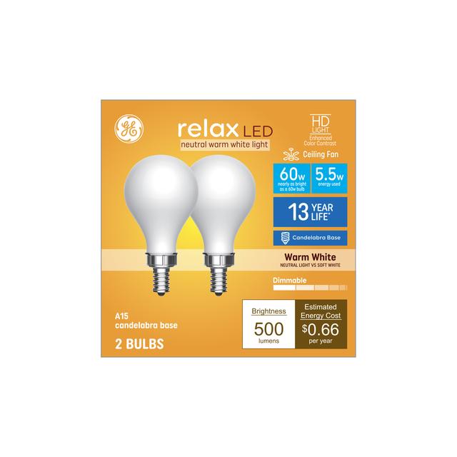 GE Relax HD LED 60 Watt Replacement, Warm White, A15 Ceiling Fan Bulbs (2 Pack)