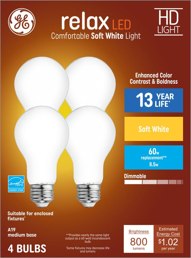 GE Relax HD LED 60 Watt Replacement, Soft White, A19 General Purpose Bulbs (4 Pack)