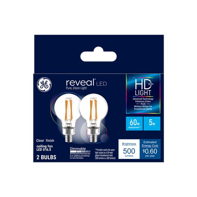 GE Reveal HD+ 60 Remplacement LED Watt, Reveal G16.5 , Vanity - Ampoules Globe ( 2 Pack)